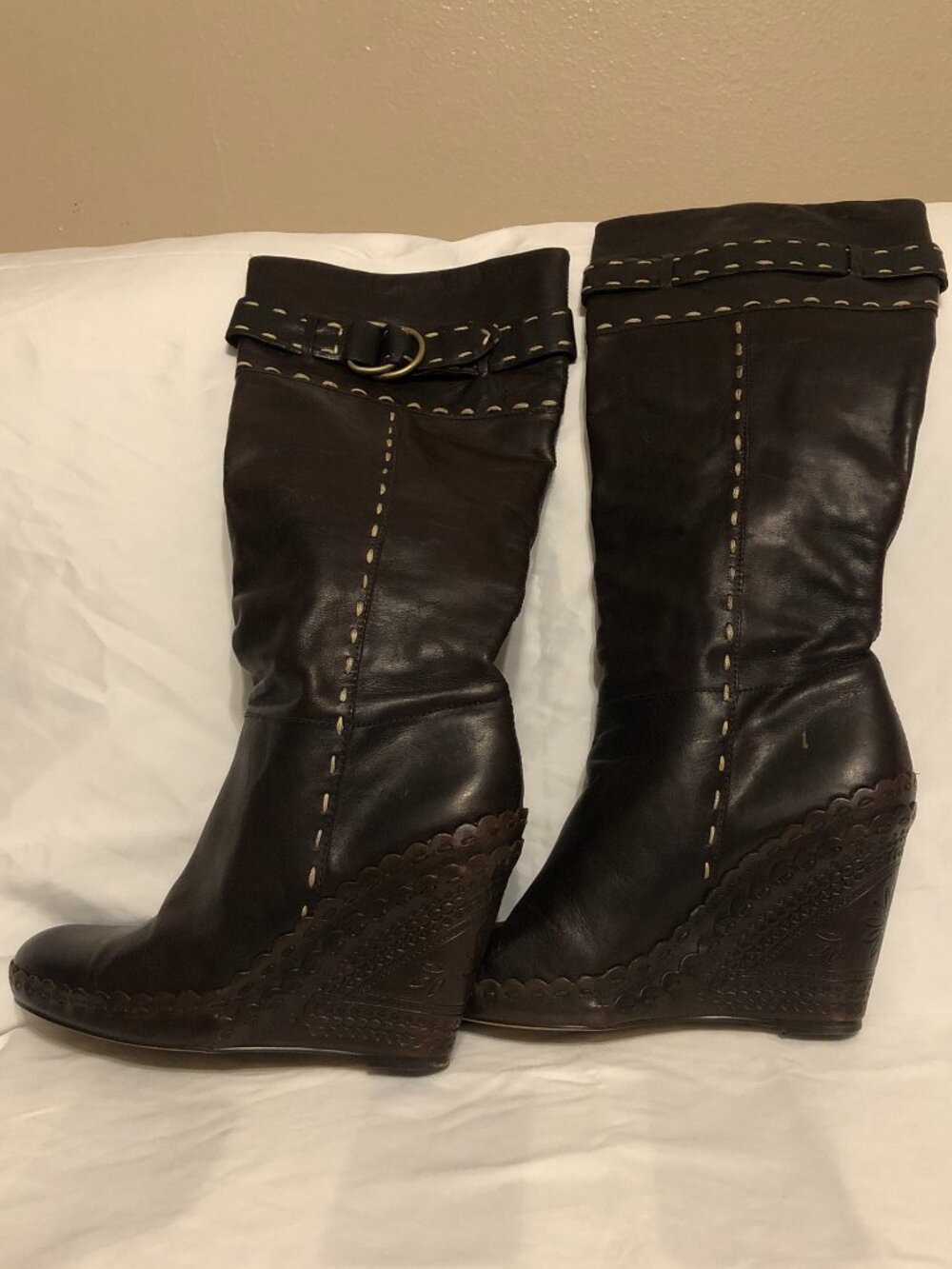 ASH Dark Brown Leather Whipstitch Scalloped Wedge Boots Size 10 EUR 40